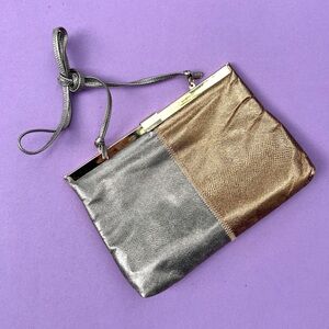 Vintage Copper Pewter Learher Patchwork Kisslock Clutch Purse